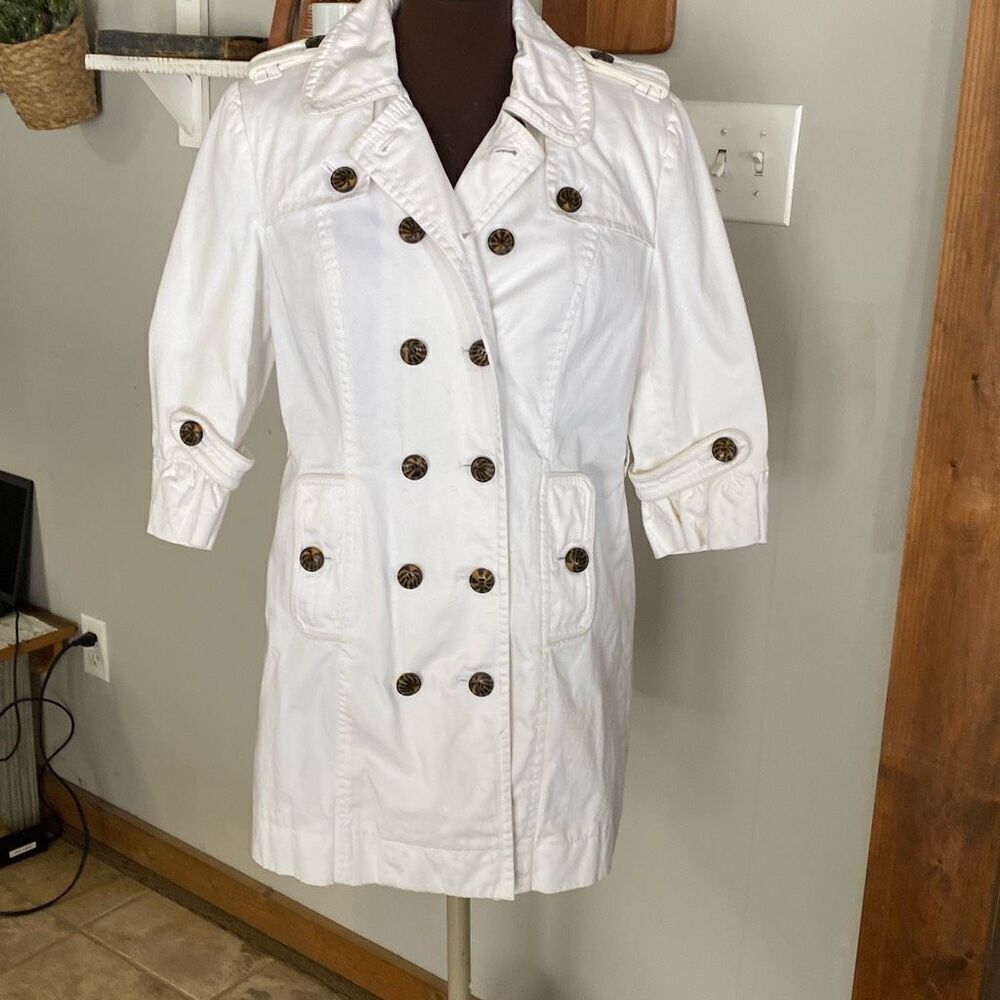 Marvin Richards white trench coat womens size small double breasted 3/4 length s